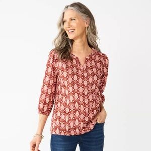 CROFT & BARROW | Women's Maroon Floral Print Splitneck Top